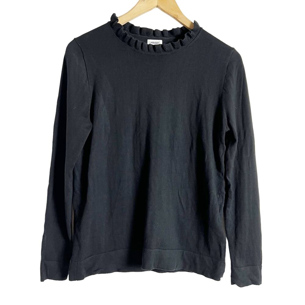 J.Crew Black Ruffleneck Long Sleeve Crewneck Pullover Sweater Size L - Picture 2 of 6